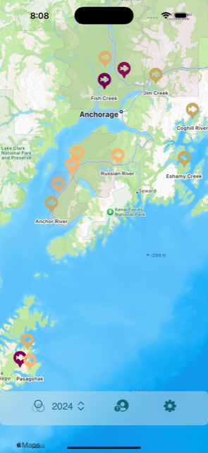 Salmon Finder showing a map of Alaska with a coloured pin on each counting station
